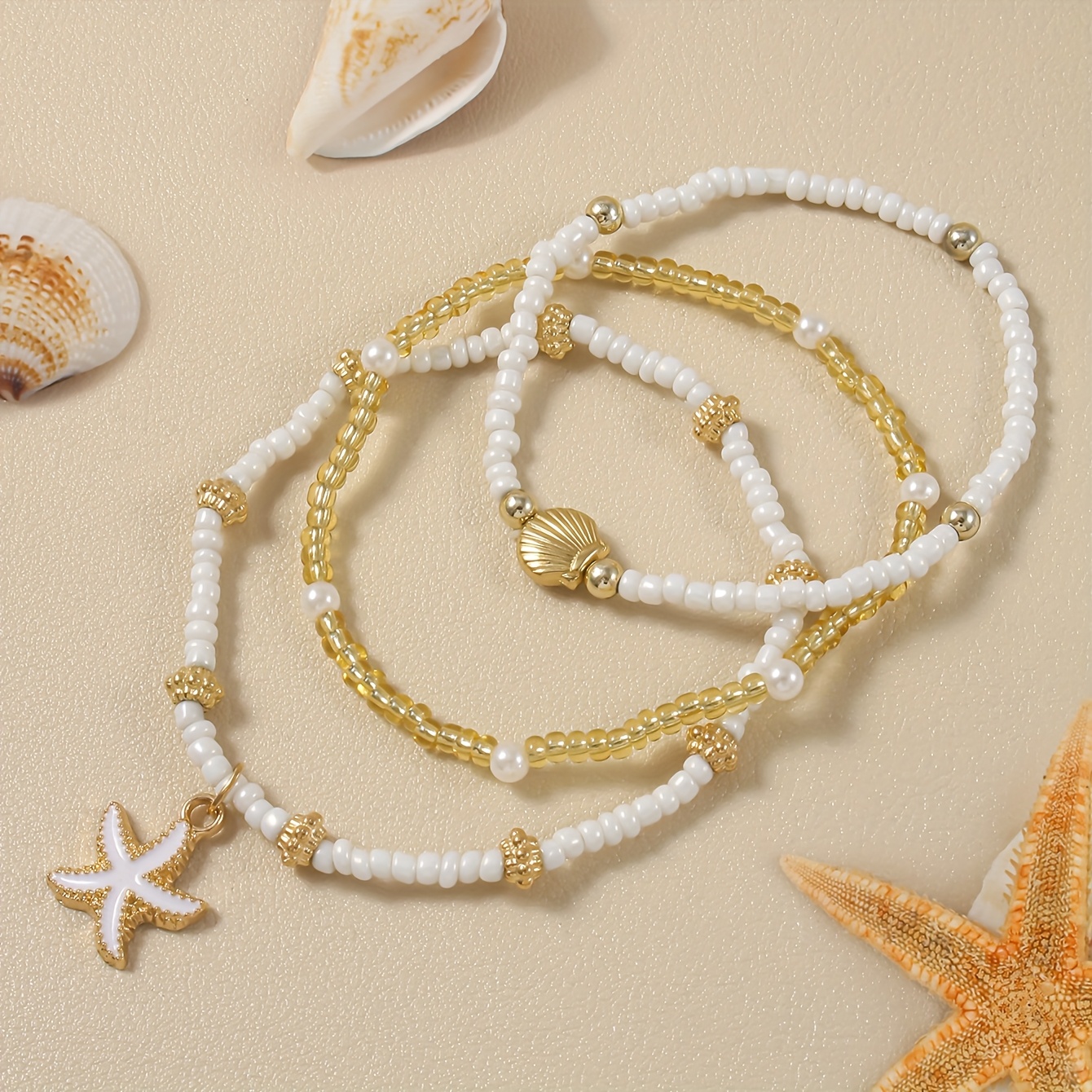 3pcs Ocean Elements Bracelet Set with Starfish and Shell Pendants
